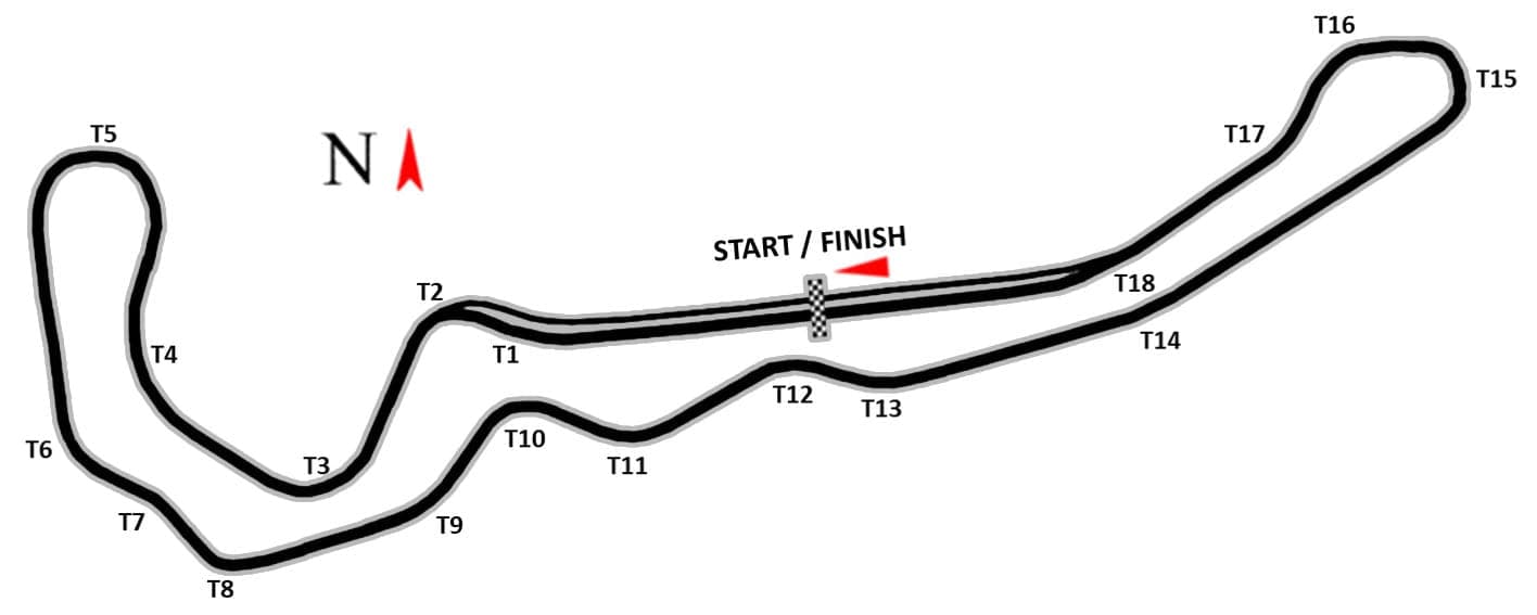 Načrt steze Automotodrom Grobnik - 18 zavojev, v nasprotni smeri urinega kazalca